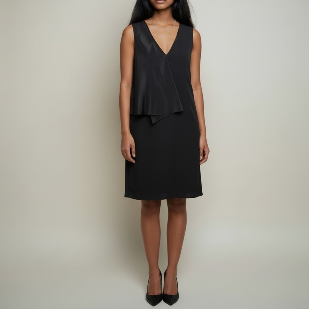 Tibi | Silk Shift Dress 4 Black V-Neck Layered Front Sleeveless Cocktail